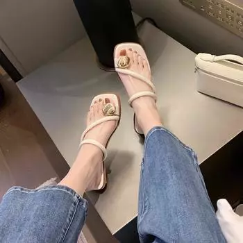 Grape mom studiolee 2025 summer new herringbone flat bottom square toe straight with clip toe sandals women 35 чёрный