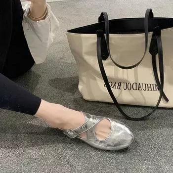 Grape Mom Studiolee Cross Strap Silver Round Head Soft Leather Mary Jane Women s Shoes Light Mouth Flat Shoes 35 серебряный