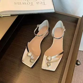 Grape mom studiolee simple square head pearl toe high heels one-word buckle strap thick heel sheepskin sandals women 34