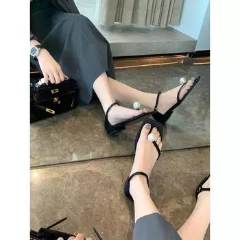 Grape mom studiolee simple square head pearl toe sandals back bag one-word buckle strap small thick heel sandals women 35 чёрный