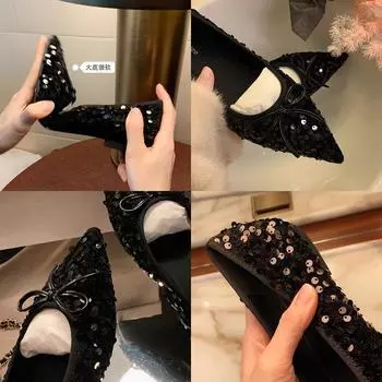 Grape Mom Studiolee Sparkling Sequins Delicate Small Pointed Head Shallow Mouth Soft Sole Dating Bow Single Shoes Women 35 серебряный