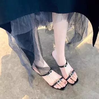 Grape mother, French square head with high-heeled sandals for women s summer 2025 new rhinestone open-toed slippers 34 чёрный