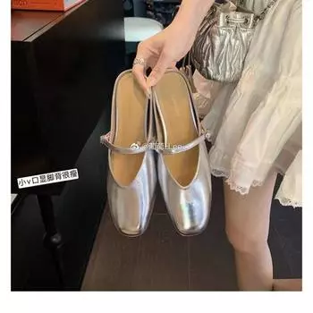 Grape mother of the same style, Benezer evening~ round head inner height increase word with shallow mouth bag head Muller leather half slippers 34