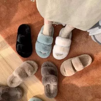 Grape mother Studiolae 2025 new winter velvet warm lazy thick flat bottom fluffy slippers women s wear 35 хаки