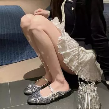 Grape mother studiolee~ Блестящие босоножки-мешки с пайетками и полутапочки Muller, женская летняя одежда 35 серебряный