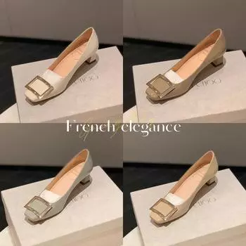 Grape mother studiolee classic square buckle small square head shallow mouth high heels women s summer thick heel flat bottom commuter shoes 34