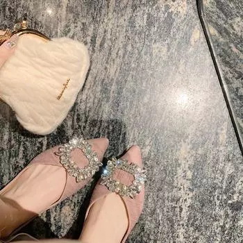 Grape mother studiolee spring new small fragrant wind French flash diamond pointed head shallow mouth fairy flat-soled single shoe woman 34 чёрный