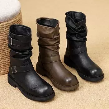 Grape mother thick-soled thick-heeled medium boots new retro western thin boots belt buckle versatile Martin boots 6051-1 35 чёрный