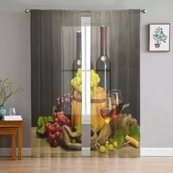 Grape Wine Fruit Leaves Rag Sheer Curtains for Living Room Decoration Window Curtains for Kitchen Tulle Voile Organza Curtains W135 x H115cm x1