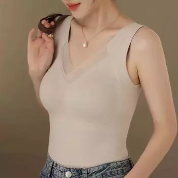 Graphene DE Velvet Утепленный жилет Эластичная ткань V-образный вырез Дизайн 3D Бесшовные чашки Теплый внутренний слой Нижняя часть Верхняя одежда Осень-Зима L абрикосовый