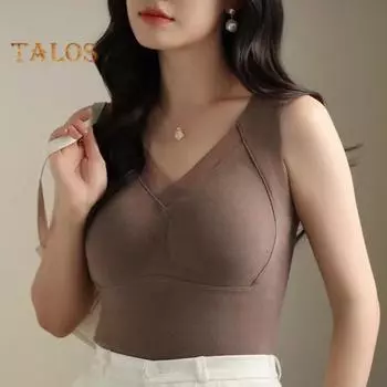 Graphene DE Velvet Утепленный жилет Эластичная ткань V-образный вырез Дизайн 3D Бесшовные чашки Теплый внутренний слой Нижняя часть Верхняя одежда Осень-Зима L чёрный