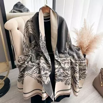 Graphic Print Reversible Scarf Winter Luxury Warm Shawl For Women 180cm серый