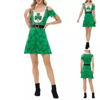 Грасс Стрит. День святого Патрика Одежда Нестандартные рукава Платье Цифровая Печать Юбка Женщины XL зелёный