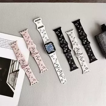 Гравированный ремешок для Apple Watch, ремешок 44 мм, 42 мм, 41 мм, 46 мм, 40 мм, 45 мм, 49 мм, 38, цветочный браслет Correa iwatch серии 10, 9, 8, 7, SE, 6, 5, 4, 3, Ultra 49/46/45/44/42mm чёрный/белый