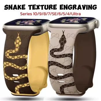 Гравированный силиконовый ремешок для Apple Watch Band 46 мм 45 мм 44 мм 42 мм 41 мм 40 мм 49 мм 38 мм Correa Snake texture Bracelet Series 10 8 9 7 SE 6 5 4 3 Ultra 2 38mm 40mm 41mm чёрный