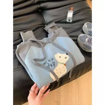 Gray Blue Hooded Sweater Coat Loose Soft Glutinous Cartoon Blue XL [Suggested 57.50 kg-65.00 kg]]