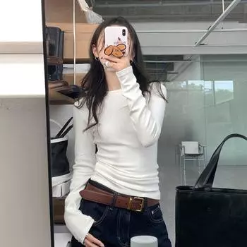 Gray Bottoming Shirt Women s Inner Shoulder Long Sleeves Mask T-Shirt round Neck Bandage Dress Korean Style Silm White Autumn Tops White L