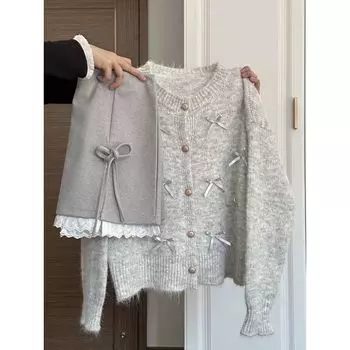 Gray Bow Knit cardigan Women Autumn and Winter Wear 2024 New Inner wear Shoulder Sweater Outerwear Top Tide Gray XL