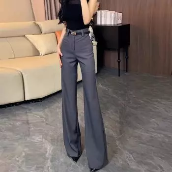 Gray High-Grade Temperament Skinny Suit Pants Women 2025 Summer New High Waist Pleat without Leg Sticking Trumpet pants Grey [Long] send random belt L