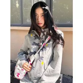 Gray Hoodie Coat Women s Spring and Autumn New Arrival Loose Slim Looking Casual Hand Painted Print Niche Style Thin Tops Light gray [thin]] S