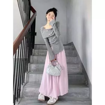 Gray, Long Sleeve T-Shirt Unique off-Shoulder Bows Gray S [Suggested 37.50 kg-45.00 kg]]