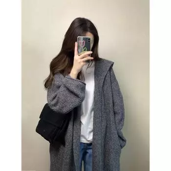 Gray Mid-Length Hooded Sweater Coat Female Early Autumn Korean Style Elegant Loose and Idle Sense of Relaxation Knitting Cardigan Grey M(Suggested 47.50 kg-52.50 kg)