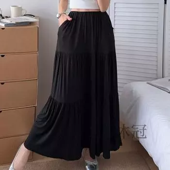 Gray Modal Skirt Women s Thin Pocket Lazy A- line Skirt Middle-Aged Fat plus Size Cake Skirt Drape Long dress Black Free size recommendation 45.00 kg-100.00 kg