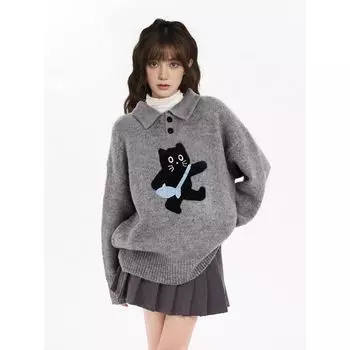 Gray Polo Lapel Cat Pullover Inner wear Sweater Women Autumn and Winter Thickened Loose Lazy High Sense Knit