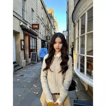 Gray round-Collar Cable-Knit Sweater Sweater Female 2025 Fall and Winter New Lazy Wind Small Casual Pullover Grey S(Suggested 37.50 kg-47.50 kg)