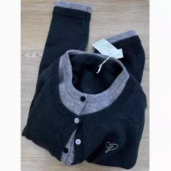 Gray Series Fake Two-Piece Knitting Sweater Outwear Female 2025 Spring & Fall New Gray Fancy Contrast Color Cardigan Top Dark gray + Gray M