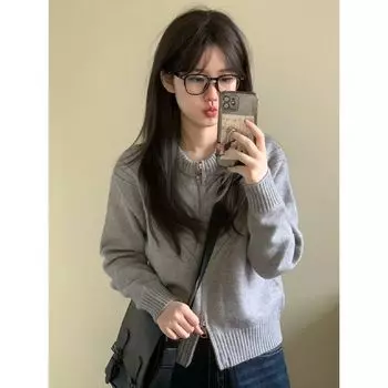 Gray Slimming Zipper Sweater Outwear Ins Knitwear Gray 2XL [Suggested 130/75.00kg]]