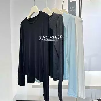 Gray Soft High-Elastic Slim Fit Round Neck Long Sleeve T-Shirt for Autumn Medium чёрный