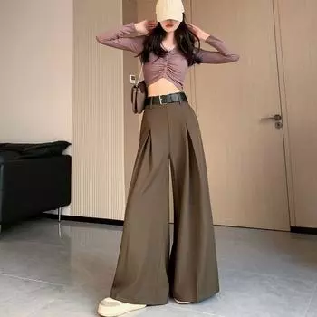 Gray Spring & Fall High Waist Extra Long Mop Casual Suit Pants Brown with belt 2XL