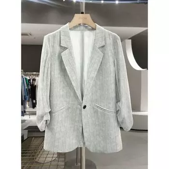 Gray Stripes Texture Thin Suit Outwear Female 2025 New Arrival Summer Old Money Style Crimp Formal Wear Fried Street Suit Gray S