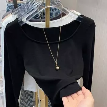 Gray U-neck Base Shirt for Women In Spring and Summer Versatile Long-sleeved T-shirt New Style Slim Fit Simple Top S чёрный