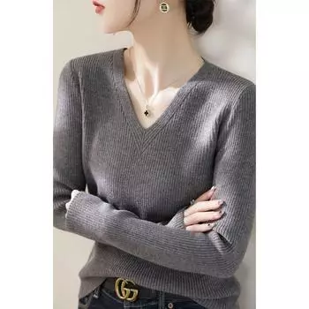 Gray V-neck Knitting Classy Idle Style Bottoming Shirt