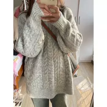 Gray V-neck Soft Glutinous Loose Retro Japanese Thick Sweater Gray M Suggested 45.00 kg-52.50 kg