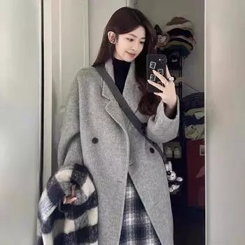 Gray Woolen Coat In Autumn and Winter Korean Mid-length Style Small Hepburn Woolen Coat for Women M