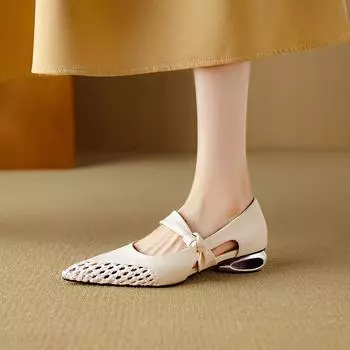 Great good to wear single shoes women spring summer woven hollow pointed low heel thick heel medium heel soft leather sandals women 35