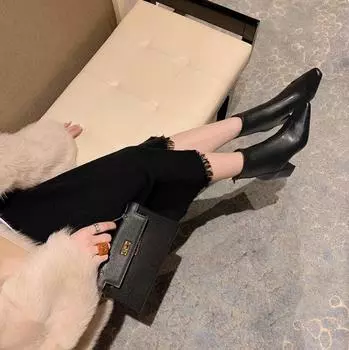 Great to wear~ 2024 autumn and winter new white pointed high-heeled elastic boots women s thick-heeled temperament velvet thin boots 34