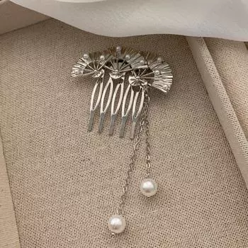 Гребень для волос в неокитайском стиле, модная серебристая заколка для волос в форме веера с жемчужной кисточкой для женщин, изысканные украшения для ханьфу, аксессуары для волос