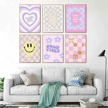 Греческая статуя датский розовый фиолетовый клетчатый улыбающийся цветок декоративное искусство забавный плакат 21cm30cm NoFrame