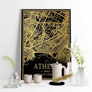 Греческие Афины на темном фоне, креативный постер, карта линий городов мира, современный минималистский декор для дома 21cm30cm NoFrame