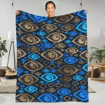 Греческое одеяло от сглаза Синий и золотой принт Дорожное фланелевое одеяло Мягкий прочный диван-кресло Диван-кровать Дизайнерское покрывало 30*40in