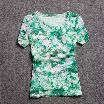 Green 2024 Summer Thin Silm Print Short Sleeve Green L