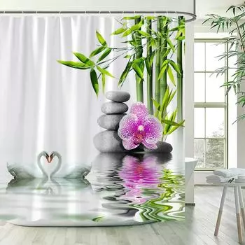 Green Bamboo Zen Shower Curtains Set, Spa Stones and Orchids Flowers Polyester Fabric Bath Curtain with Hooks Bathroom Decor 90x180cm-35x70in