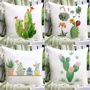 Green Cactus Printing Pillowcase 45*45 Cm Plant Polyester Cushion Cover Home Bedroom Balcony Garden Outdoor Decorate Pillow Case 450mm*450mm