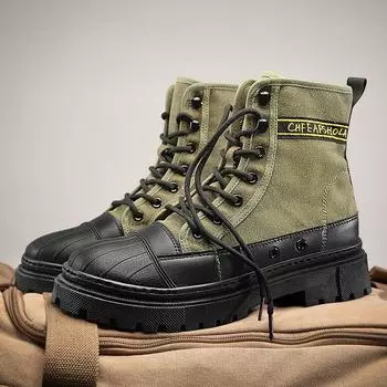 Green Canvas Men s Ankle Boots Fashion Lace-up Motorcycle Boots Man Tooling Boots Autumn Non-slip Cowboy Platform Boots For Man 39