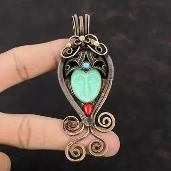 Green Carved Bone Face Gemstone Pendant Copper Wire Wrapped Pendant Italian Coral & Turquoise Pendant Dainty Copper Jewelry Handmade Pendant