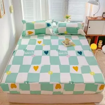 Green Checkerboard Pattern Fitted Sheet Set Love Heart Mattress Protector Cover 3Pcs Cotton Bedding Set Skin-friendly Breathable 90x200x25cm 3Pcs